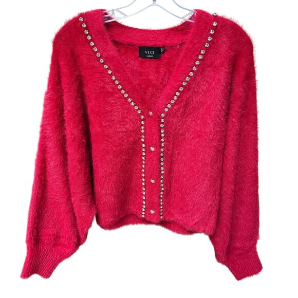 Vici Cardigan Fuzzy Long Sleeve V Neck Sweater Heart Rhinestones Red Women Large - Picture 1 of 6